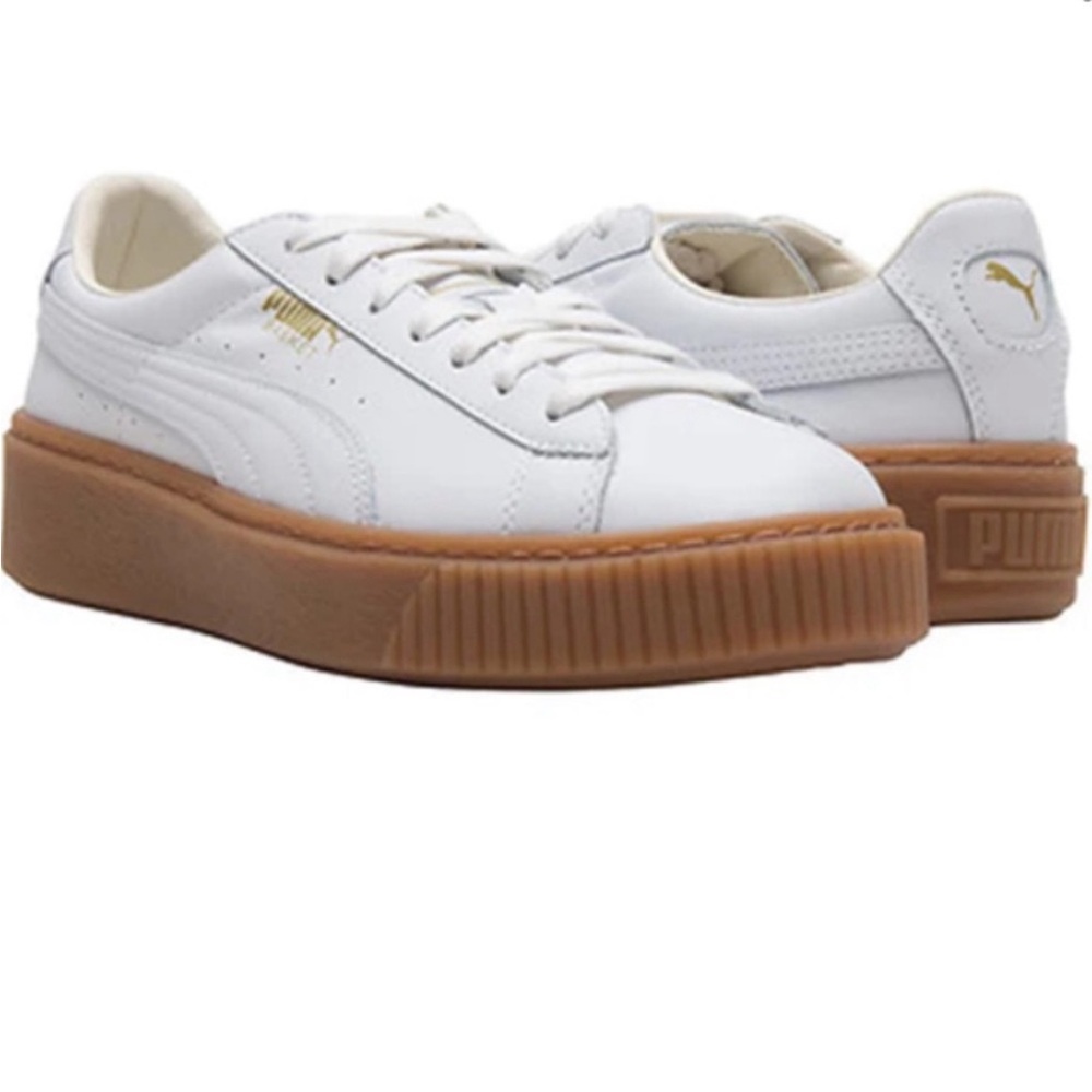 Puma White and Tan Basket Platform Sneakers